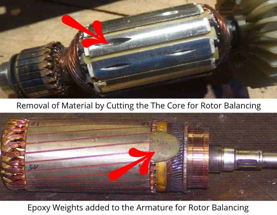 Epoxy Weight and Cuts in the Armature for Rotor Balancing